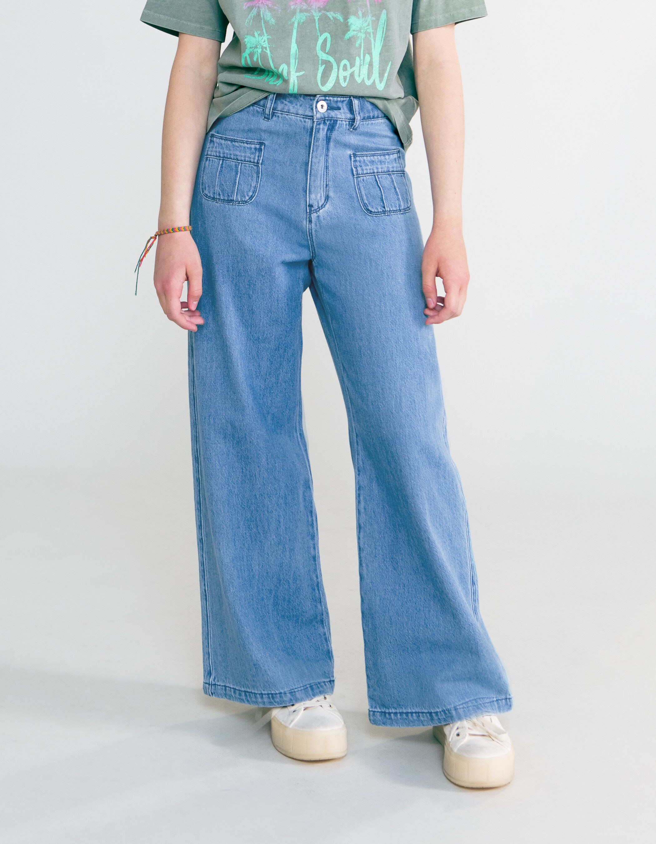 Jean LARGE bleu a poches plaquees fille IKKS