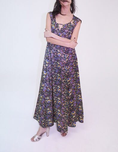 Langes schwarzes Damenkleid, rückenfrei, Maxi-Blumenprint - IKKS