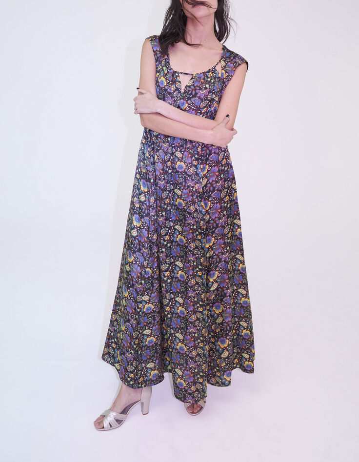 Langes schwarzes Damenkleid, rückenfrei, Maxi-Blumenprint-1