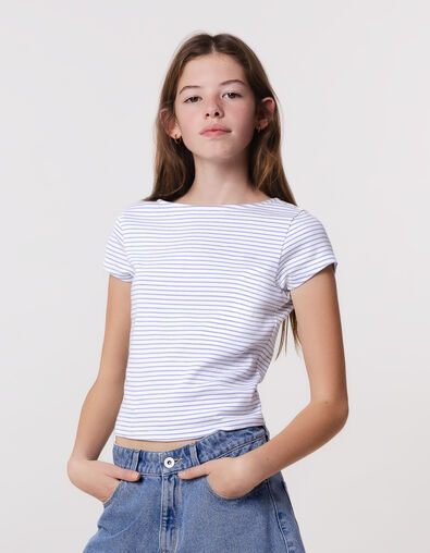 Wit T-shirt fijne blauwe strepen meisjes - IKKS