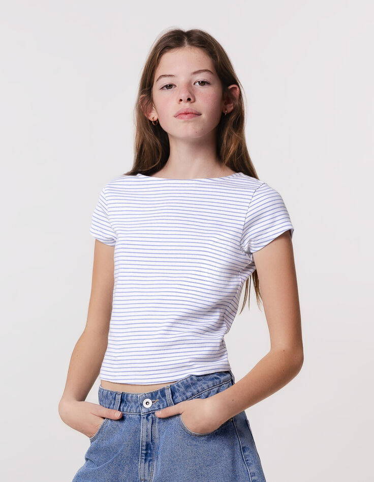 Wit T-shirt fijne blauwe strepen meisjes-1