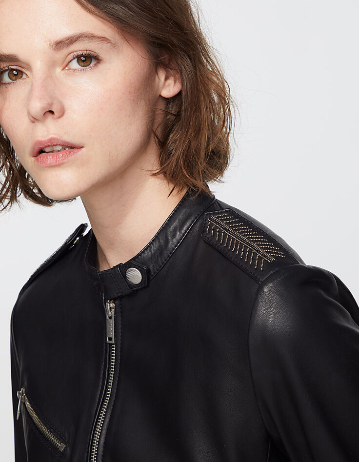 Women’s black beaded shoulder lambskin jacket-4