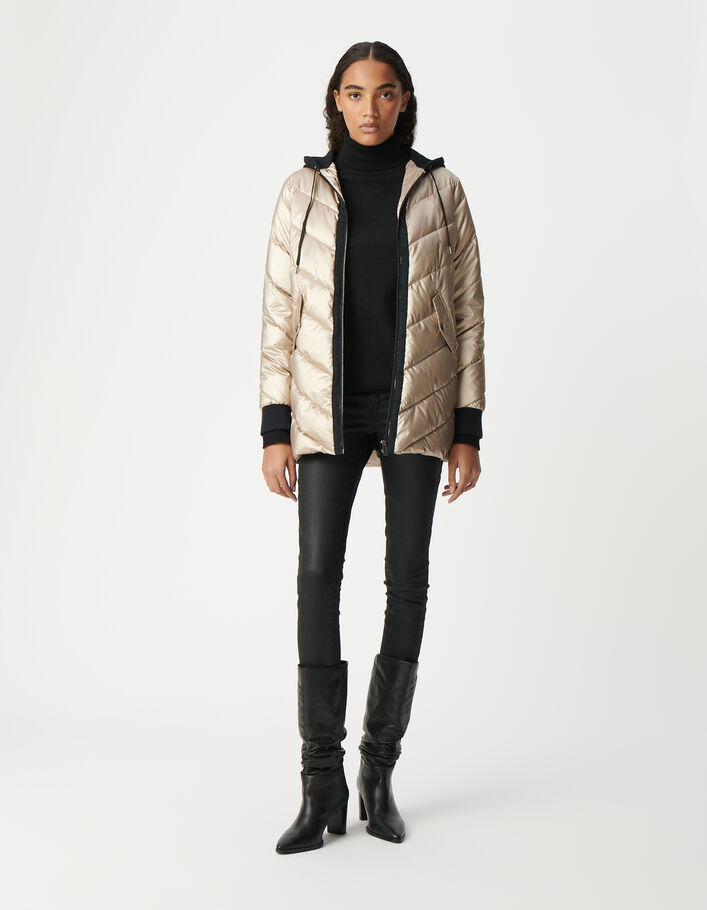 Goldene STEPPJACKE für Damen mit schwarzer Fleece-Kapuze IKKS