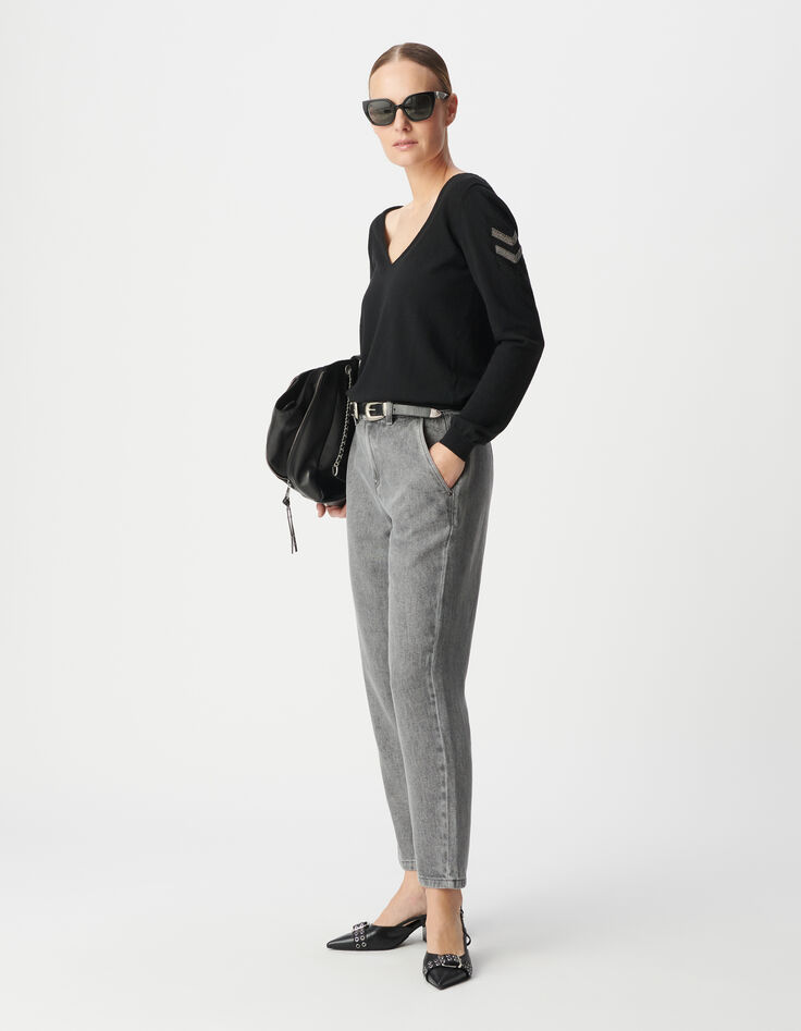 Pull maille tricot noir bijoux esprit militaire femme-1