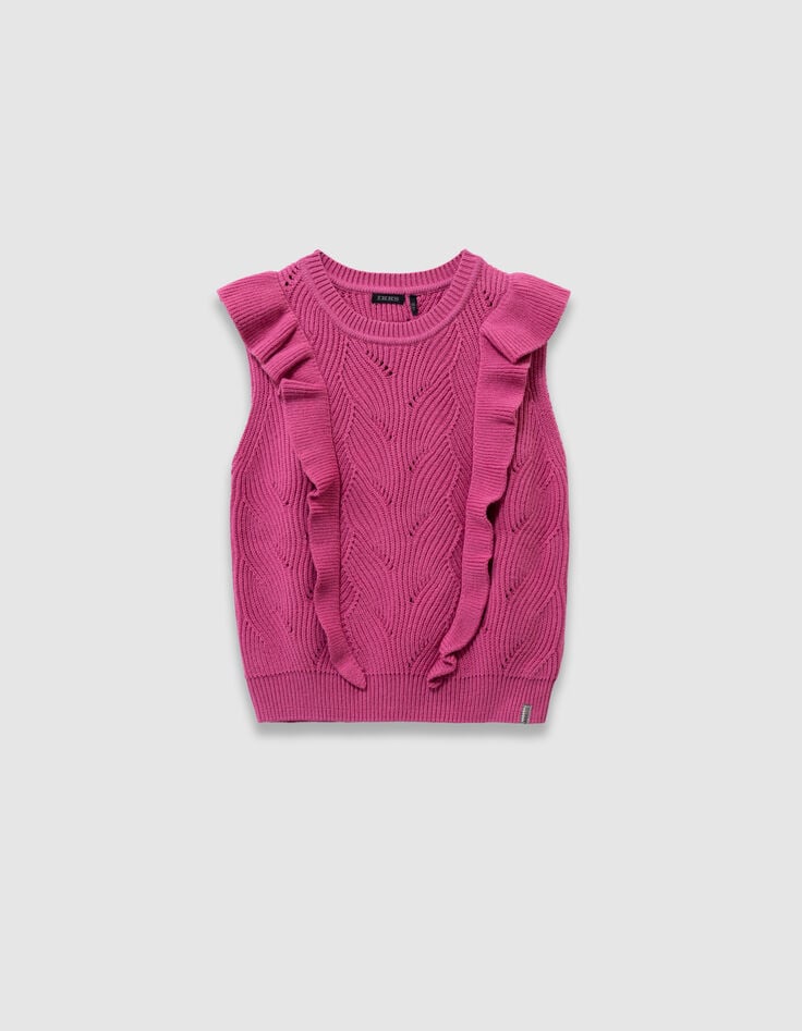 Pull sans manches rose tricot fantaisie volants fille-2