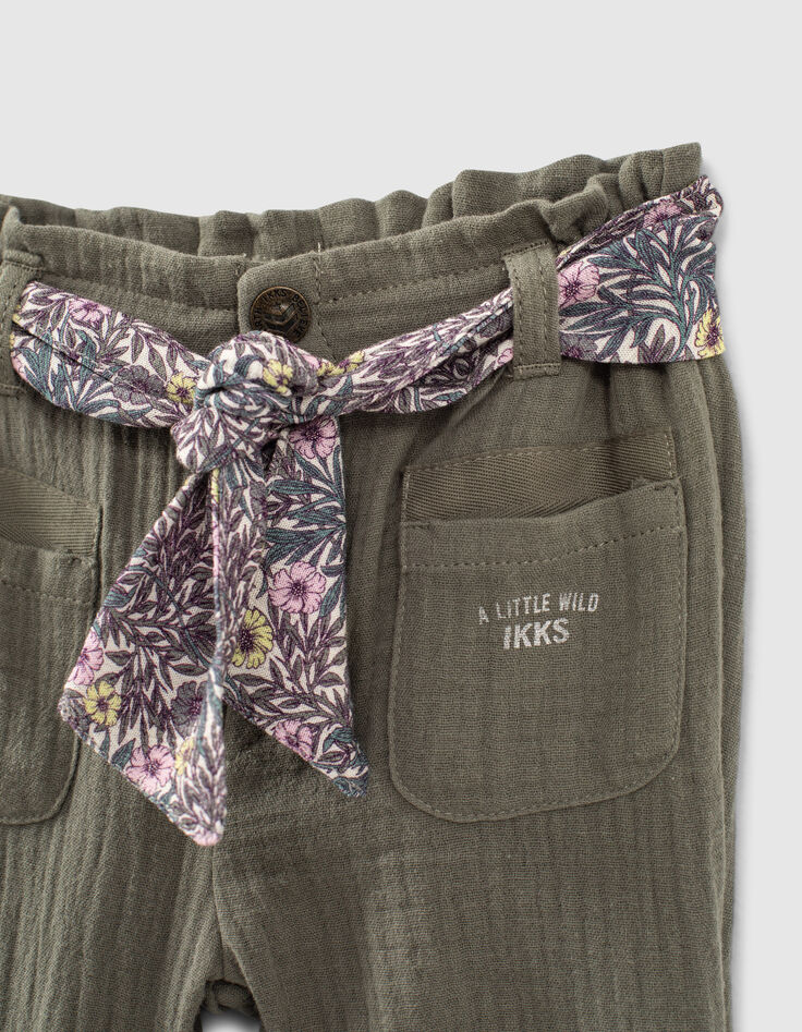 Pantalon kaki à ceinture-foulard végétal bébé fille-7