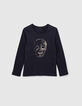 Tee-shirt navy fonc&eacute; t&ecirc;te de mort sequins or fille-1