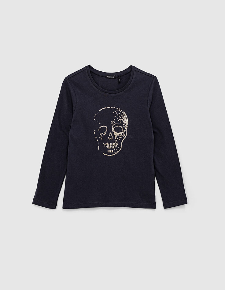 Tee-shirt navy fonc&eacute; t&ecirc;te de mort sequins or fille-1