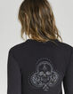 Women’s black long-sleeve T-shirt with skull on chest-2