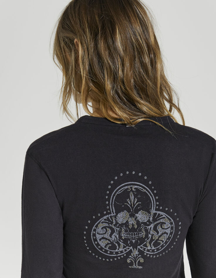 Women’s black long-sleeve T-shirt with skull on chest-2