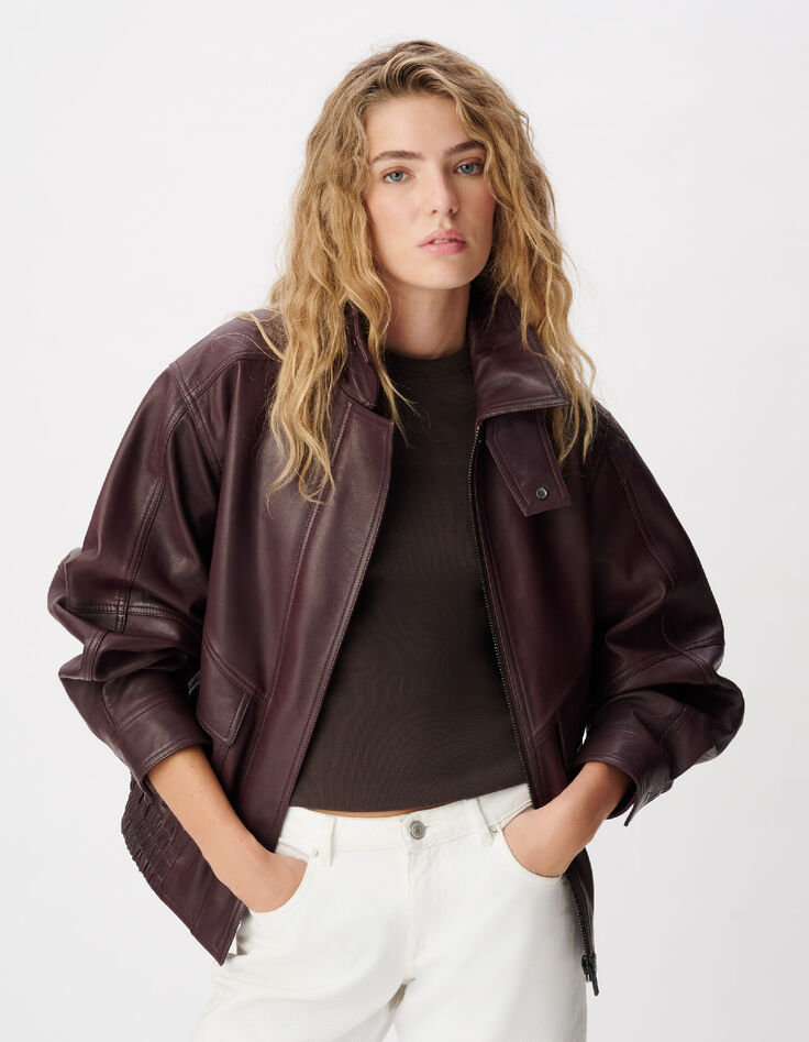 Bomber oversize de mujer en piel burdeos-1