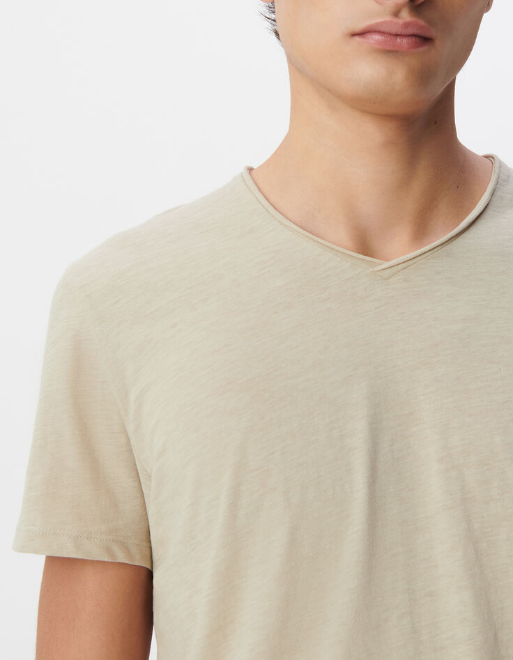 L&lsquo;Essentiel Herren-T-Shirt beige Bio-Baumwolle V-Kragen-4