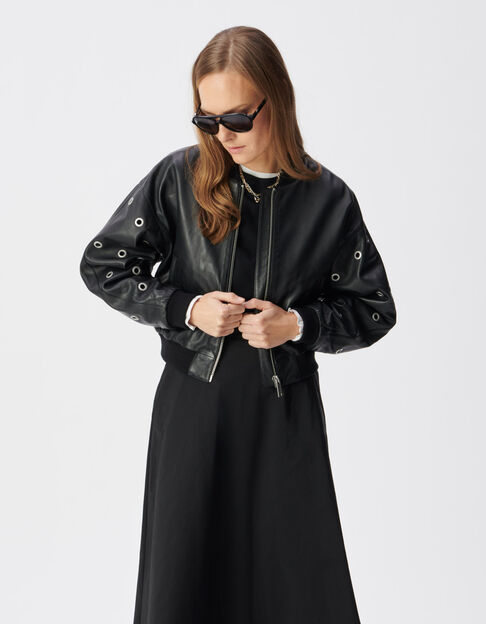 Zwart leren korte bomber Dames maxi eyelet design - IKKS