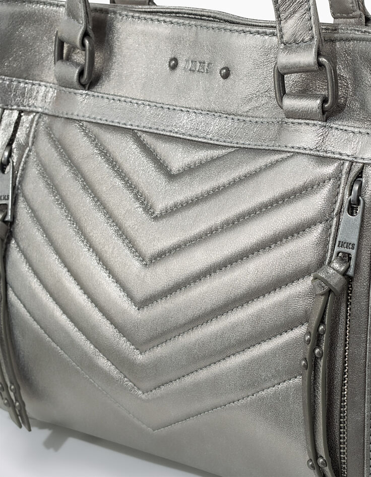 Sac cabas cuir argent LE 1440 MEDIUM SILVER matelassage chevrons femme-9