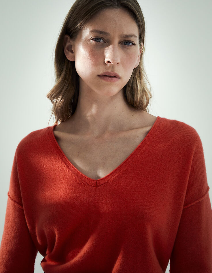 Women's orange-red pure cashmere V-neck sweater-1