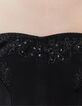 Schwarzer Damenbustier aus Jeansstoff mit Blumenstickerei-3