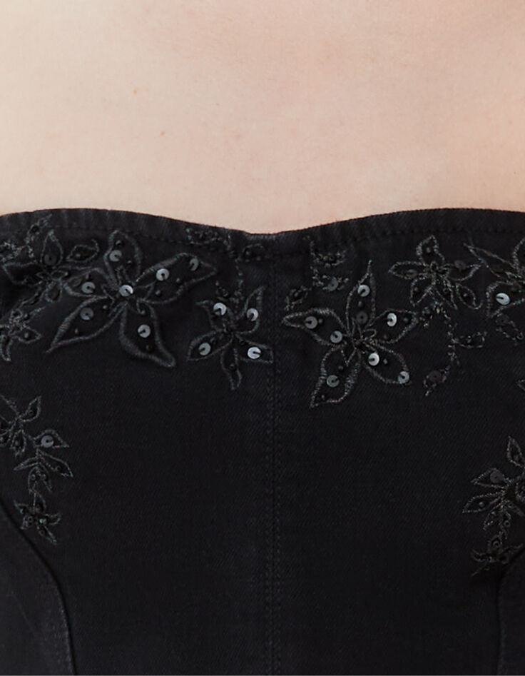 Schwarzer Damenbustier aus Jeansstoff mit Blumenstickerei-3