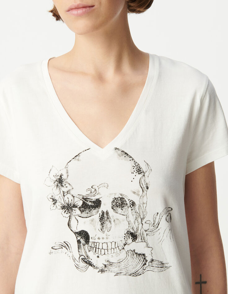 Tee-shirt col V blanc coton bio visuel tête de mort Femme-4