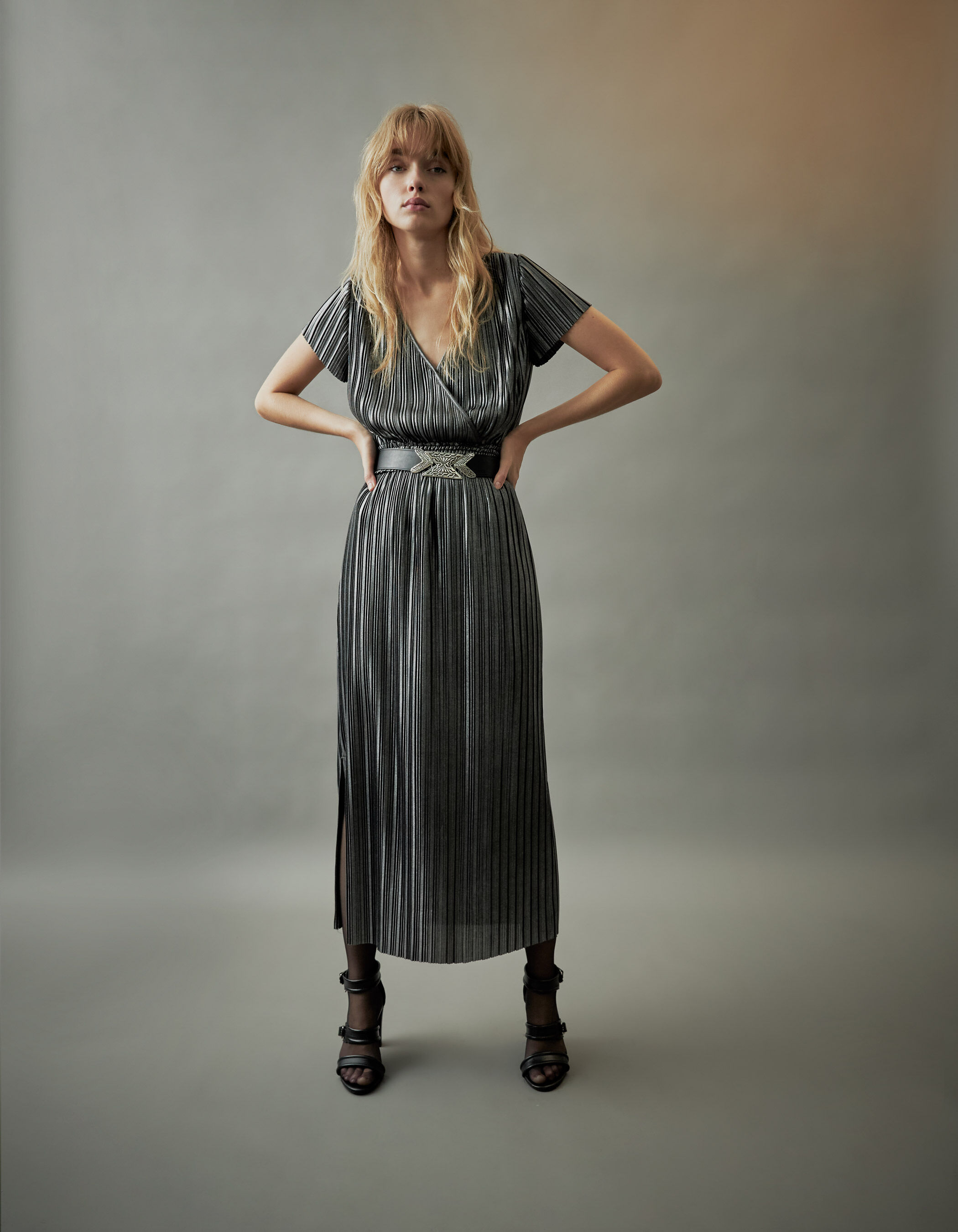 Women s silver pleated long dress IKKS