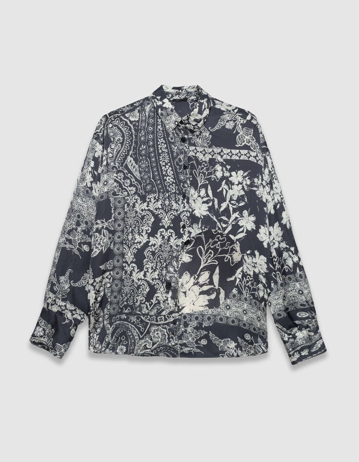 Camisa azul grisáceo satinado estampado pañuelo mujer-5 Camisa azul grisáceo satinado estampado pañuelo mujer-5
