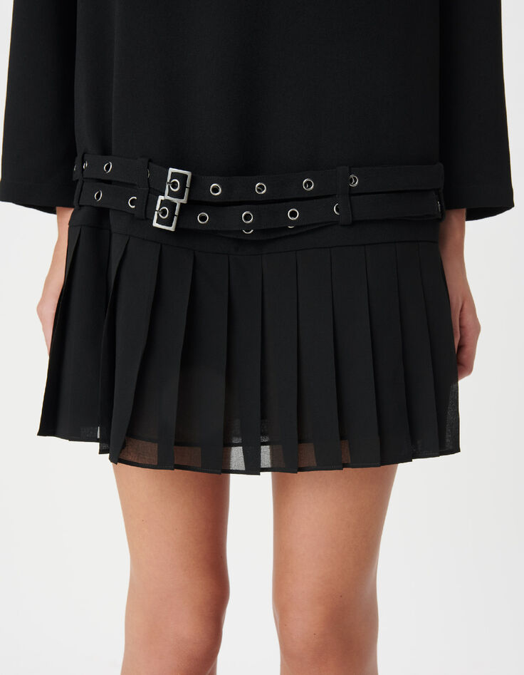Robe courte noire pliss&eacute;e avec ceinture &agrave; &oelig;illets Femme-4