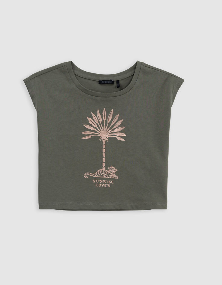 Khaki Mädchen-T-Shirt, Biobaumwolle, Palmen-Tiger, kupfer-8