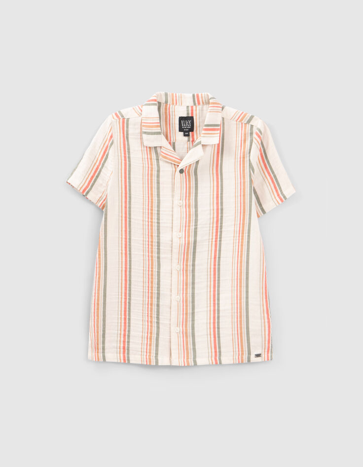 Chemise blanc cassé rayures kaki et orange garçon-1