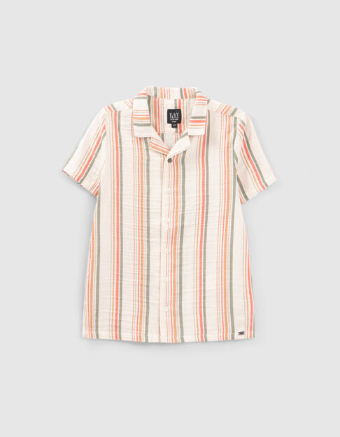 Cremeweißes Jungenhemd mit Streifen in Khaki und Orange - IKKS