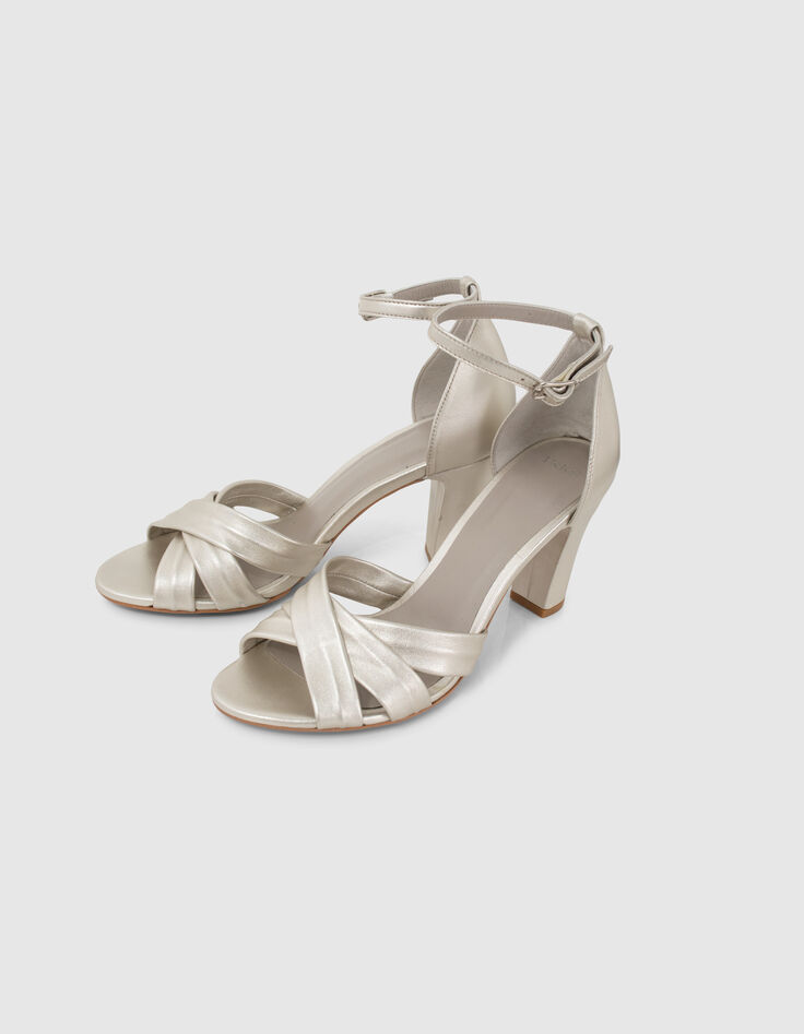 Damen-Riemchensandalen mit Absatz aus goldfarbenem Leder-4