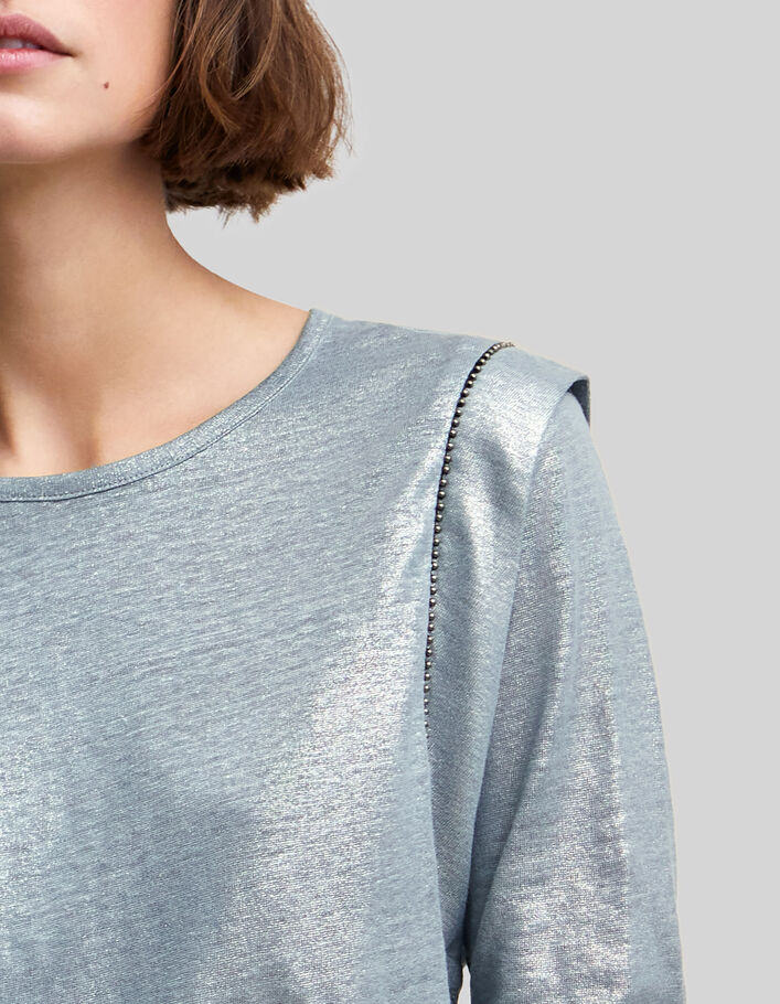 Women's storm blue linen foil microbeaded T-shirt - IKKS