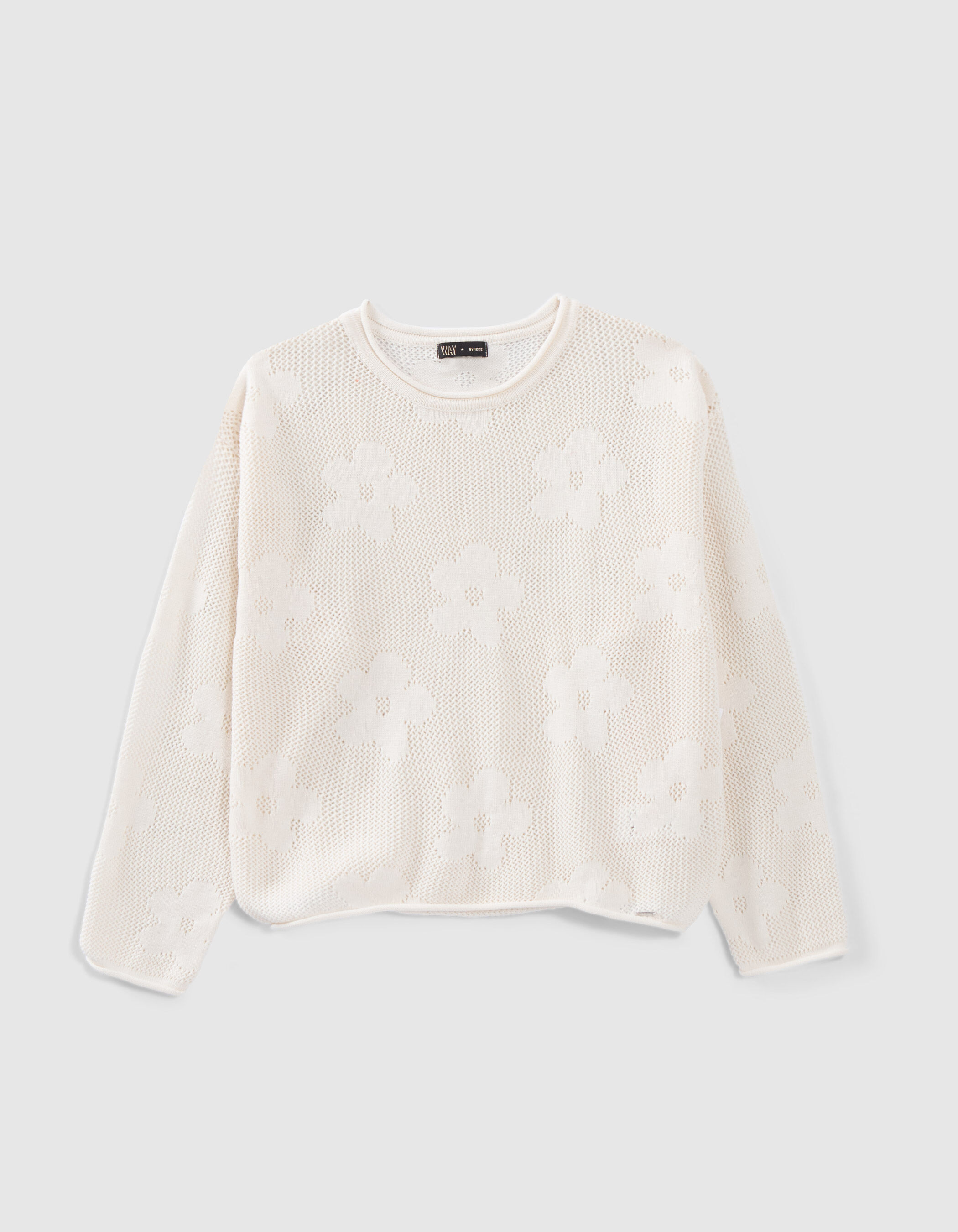 Pull ecru tricot ajoure motif fleurs fille IKKS