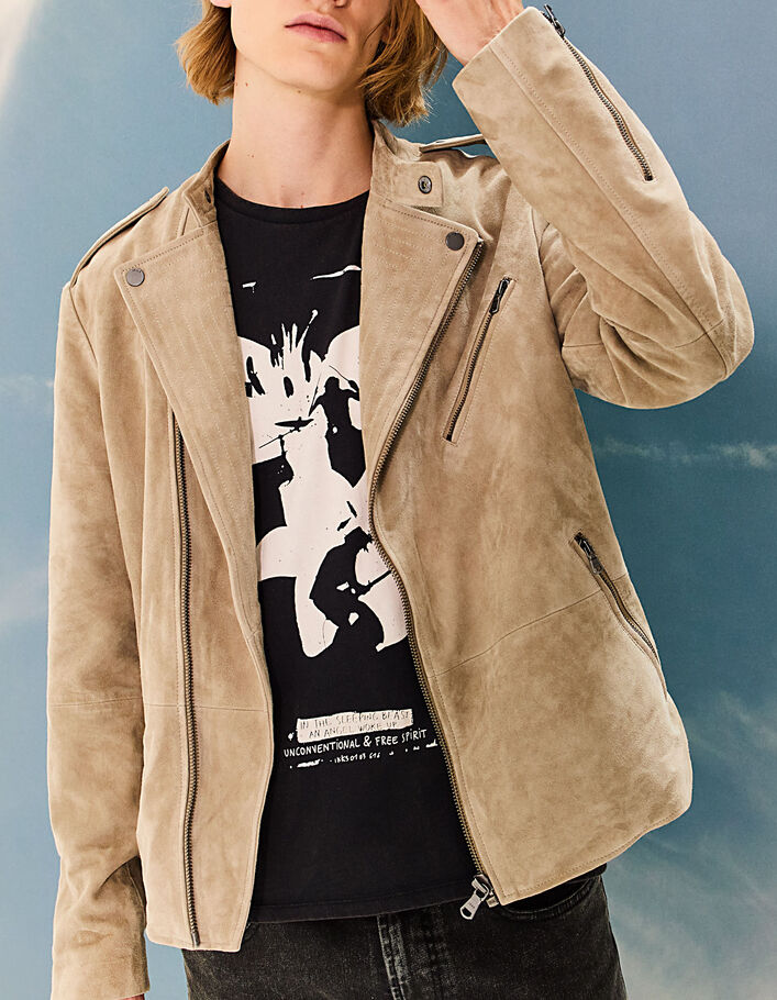 Men's light beige suede biker-style jacket