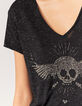 Tee-shirt col V noir métallisé visuel tête de mort femme-3