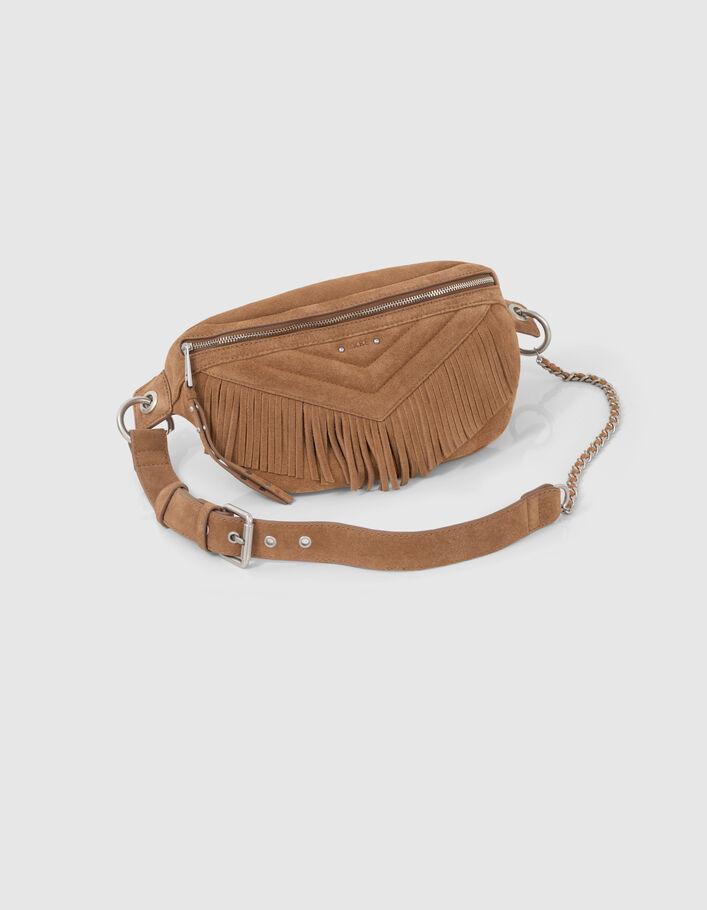 Sac 1440 Pocket Belt en cuir velours sable à franges Femme - IKKS