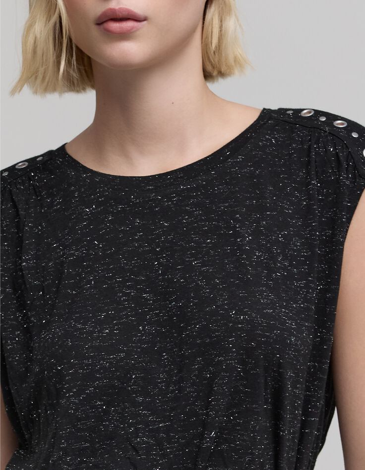 Women's black silver lurex tee-shirt with eyelet and stud-5
