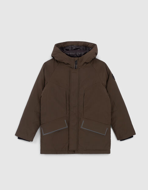 Boys’ bronze hooded parka with seamed flaps