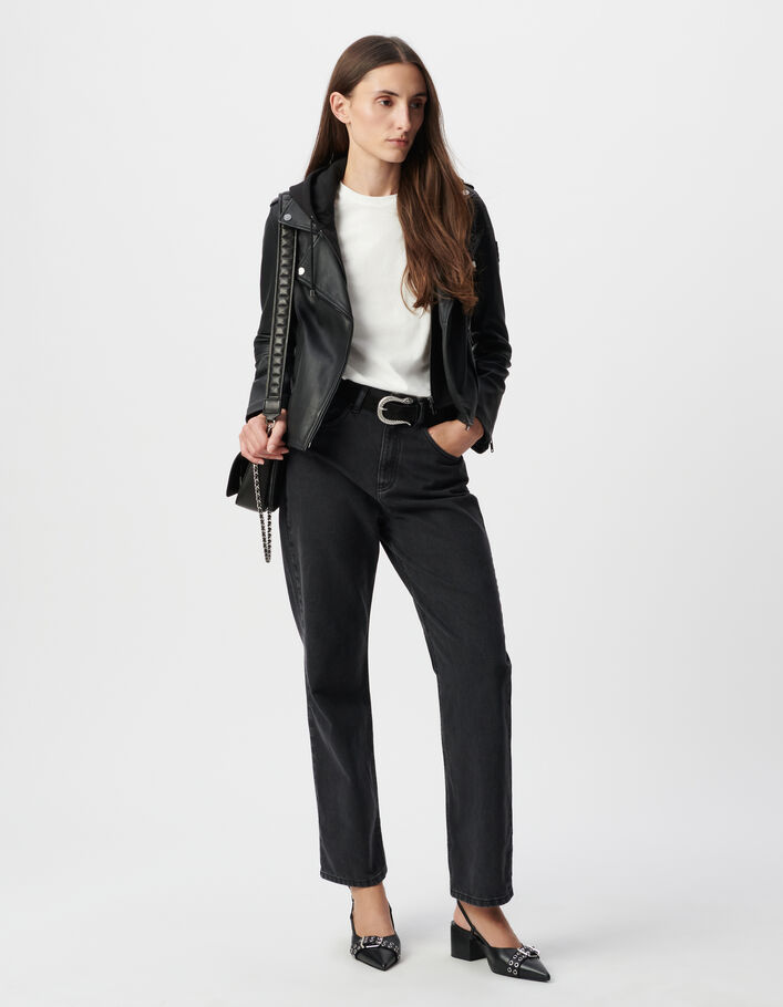 Blouson noir en cuir d'agneau à capuche amovible femme IKKS