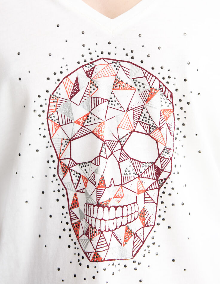 Wit T-shirt doodshoofdopdruk en studs Dames-4