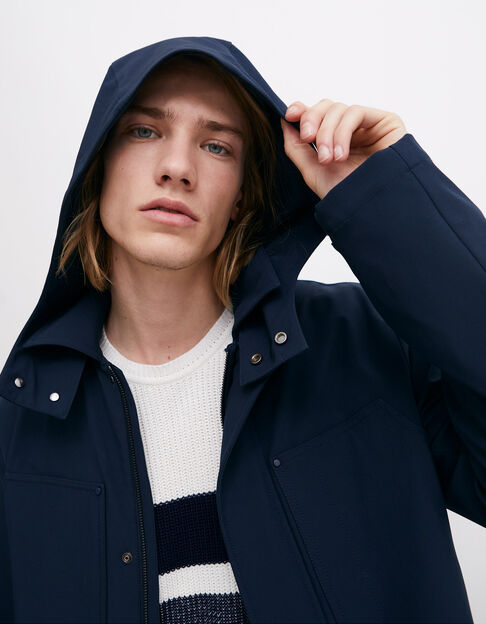 Men’s navy hooded parka with double opening pockets