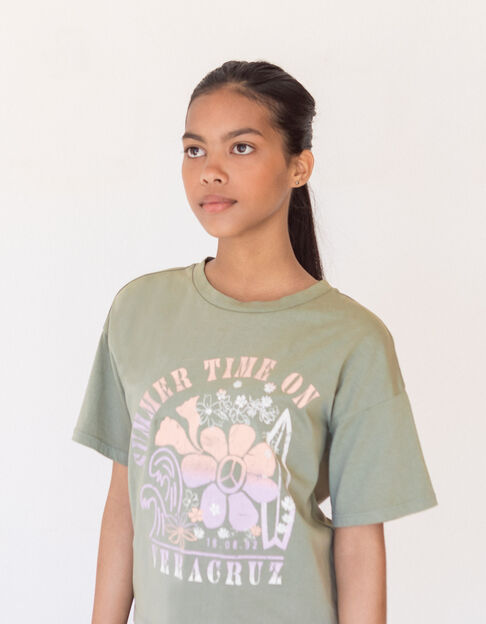T-shirt vert visuel fleur et surf deep dye fille