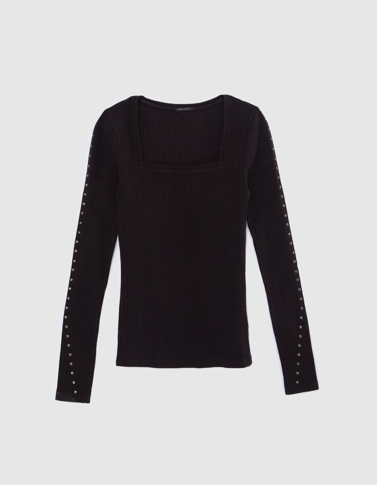 Schwarzes T-Shirt aus Baumwolle mit quadratischem Ausschnitt für Frauen-3