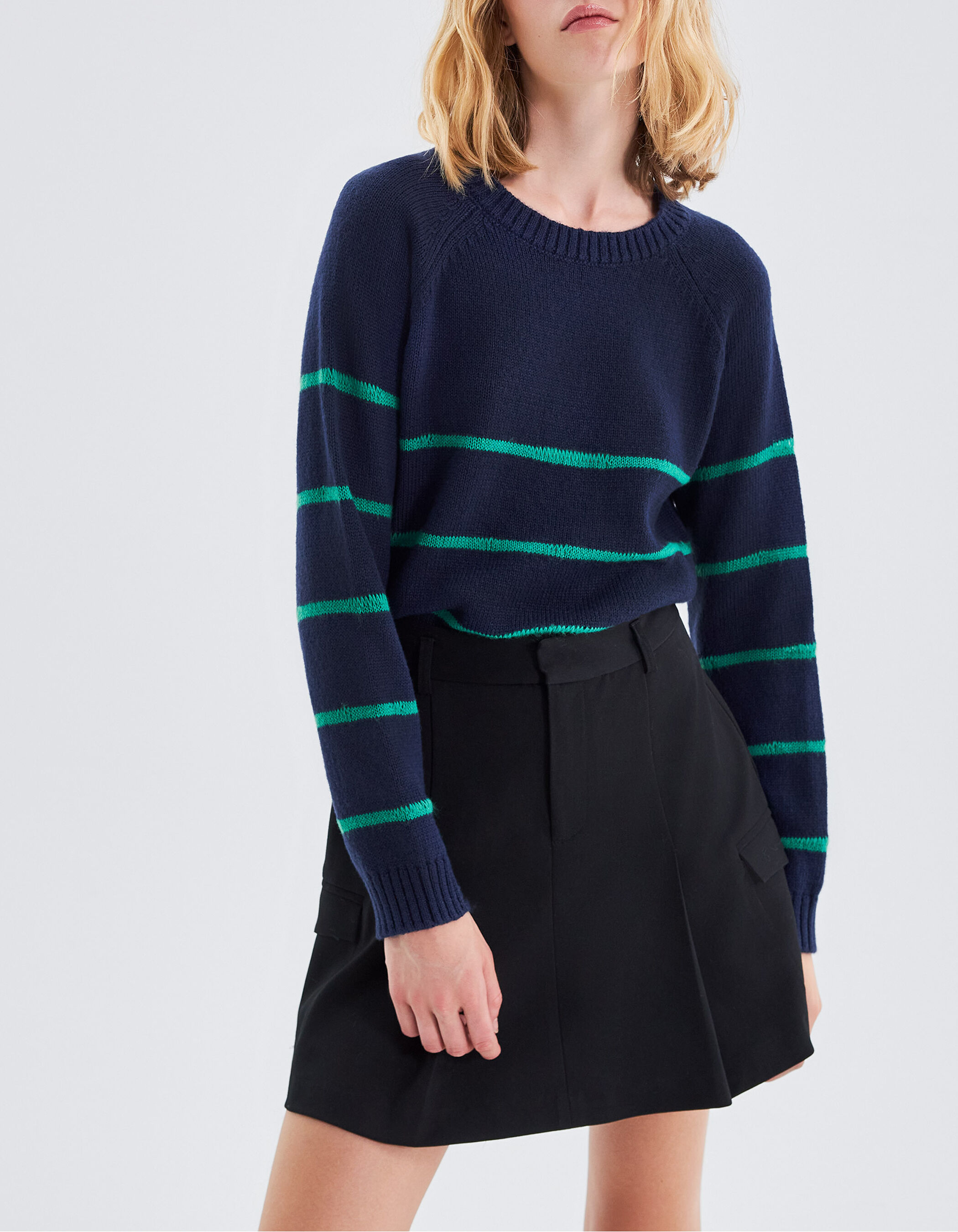 Women s navy knit sweater with green stripes