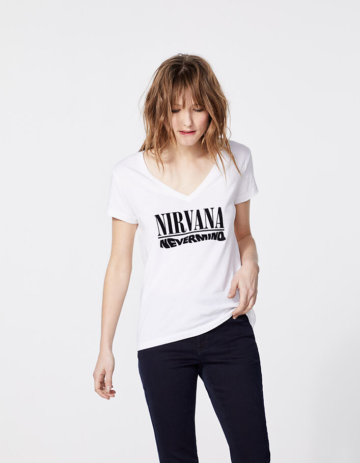 Camiseta blanca de algodón modal visual Nirvana mujer - IKKS