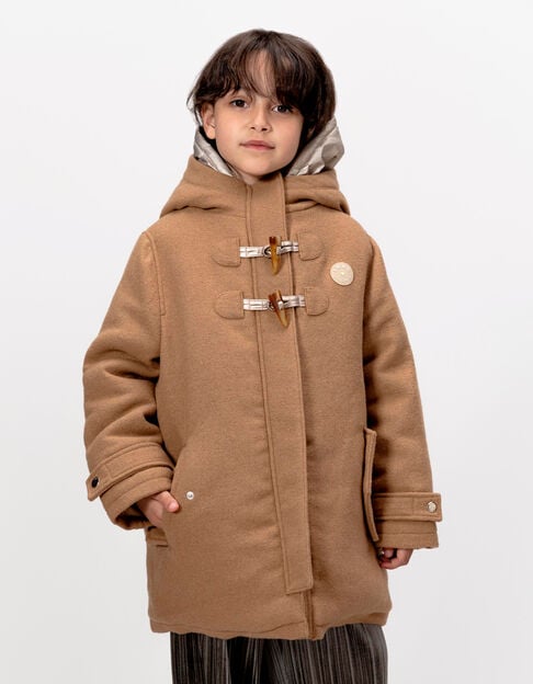 Manteau à carreaux camel parementure à capuche fille - IKKS