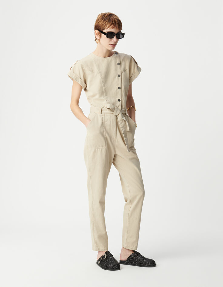 Women's beige jumpsuit with asymmetrical closure-5