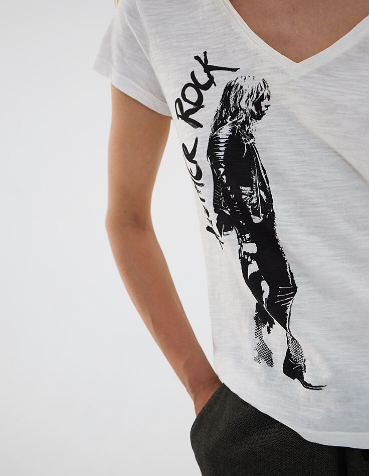 Tee-shirt col V en coton flammé visuel silhouette femme-4