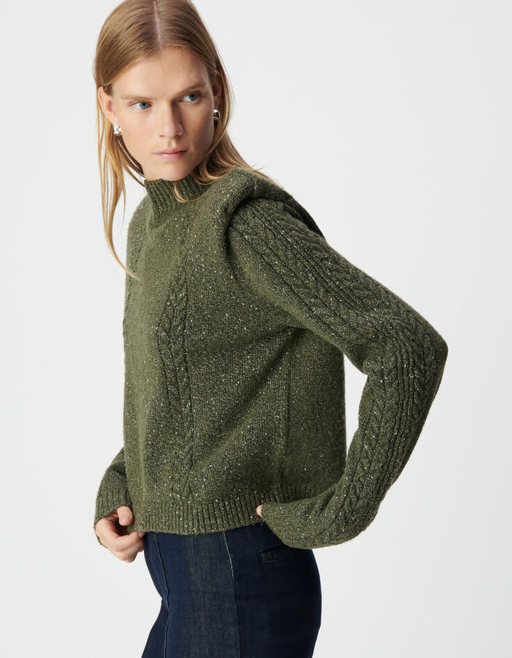 Khaki Damenstrickpulli Lurex, Schulterpolster, Zopfmuster-4