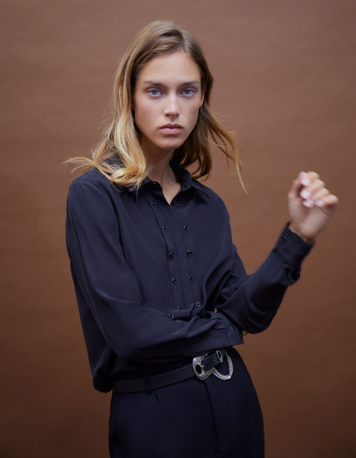 Pure Edition-Women's black silk shirt with eyelets
