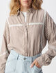 Chemise marron motif rayures galons dentelle Femme-5