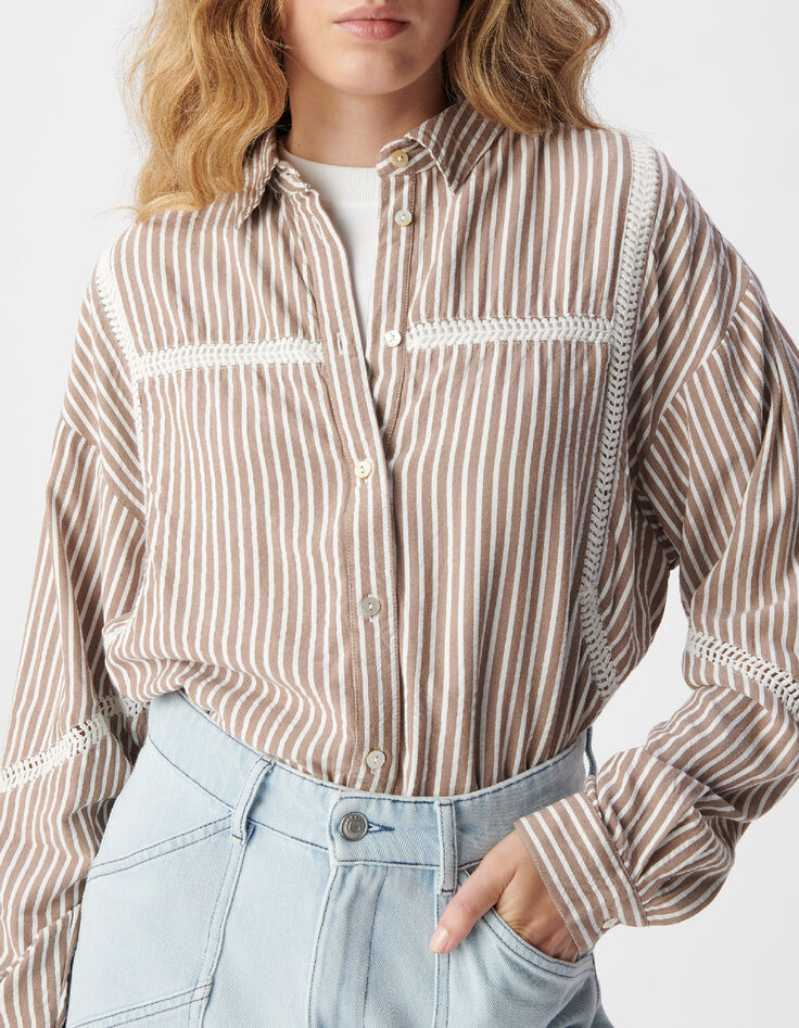 Chemise marron motif rayures galons dentelle Femme-5